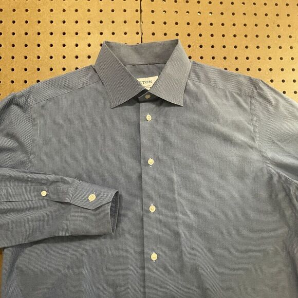 Eton Contemporary LS Button Up Shirt Mens Size 17.5/44 Navy Blue Plaid Romania - Picture 5 of 8
